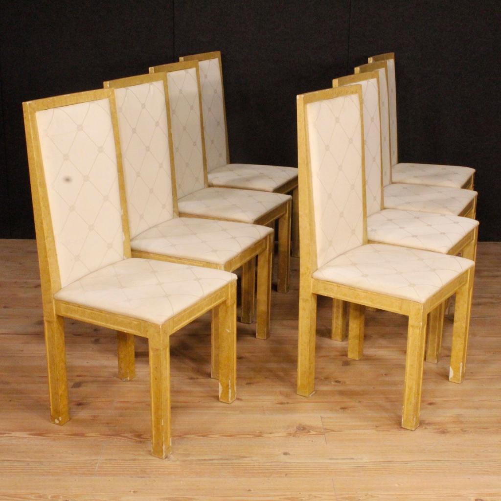 20th Century Lacquered Painted Wood White Fabric Italian 8 Chairs, 1970 In Fair Condition For Sale In Vicoforte, Piedmont