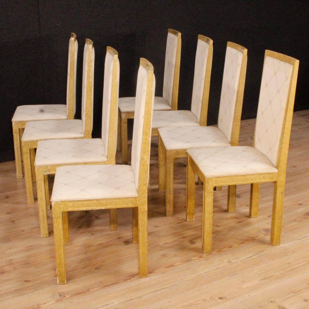 20th Century Lacquered Painted Wood White Fabric Italian 8 Chairs, 1970 For Sale 1