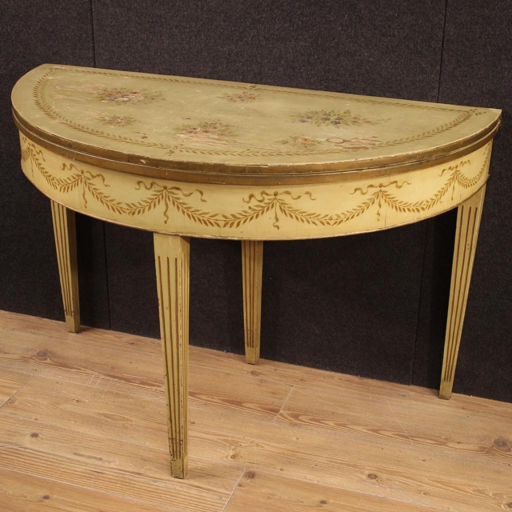20th Century Lacquered Painted Italian Louis XVI Style Demilune Table Console In Fair Condition In Vicoforte, Piedmont