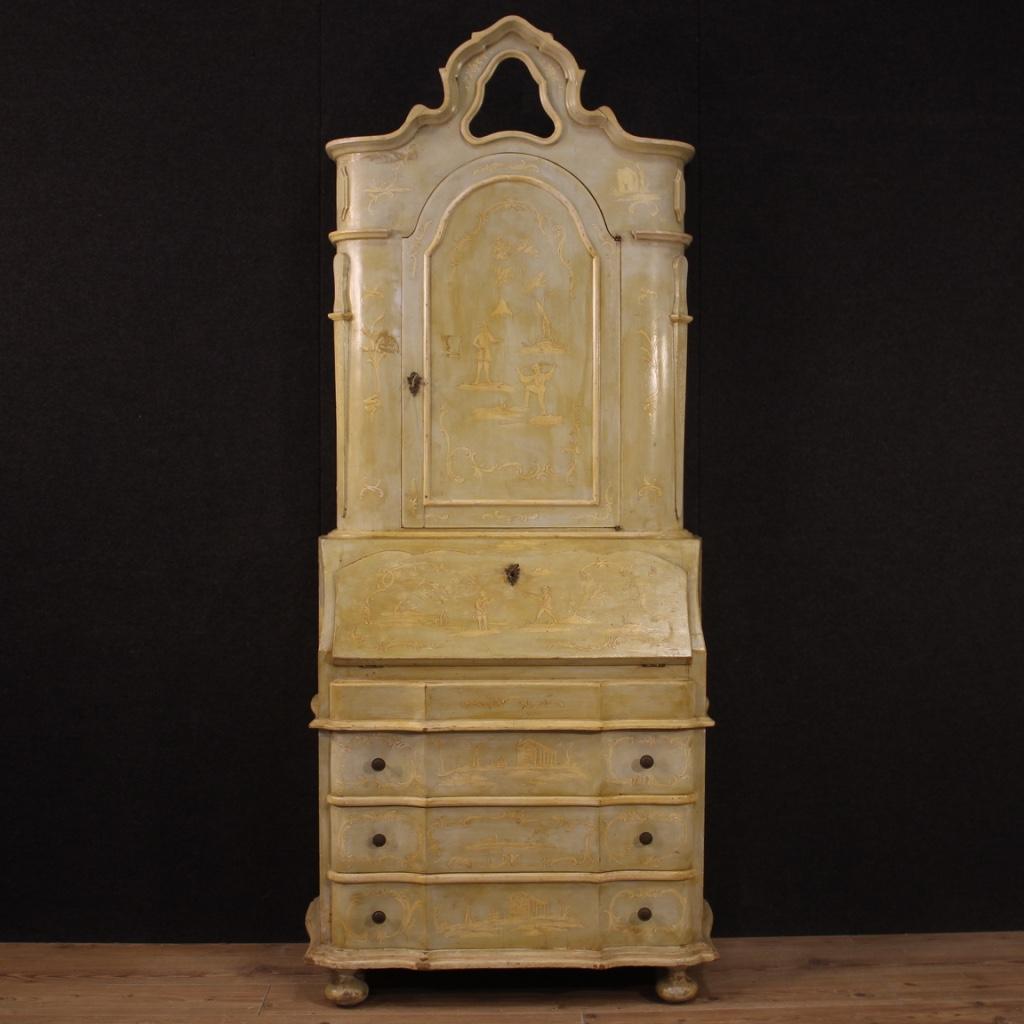 Venetian trumeau from the mid-20th century. Double body cabinet in lacquered and hand painted wood with very pleasant chinoiserie decorations. Trumeau in beautiful patina, finely decorated with oriental views and characters. Furniture equipped with