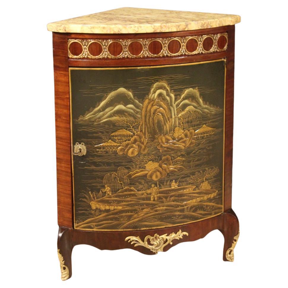 20th Century Lacquered Chinoiserie Mahogany Wood French Corner Cabinet, 1950