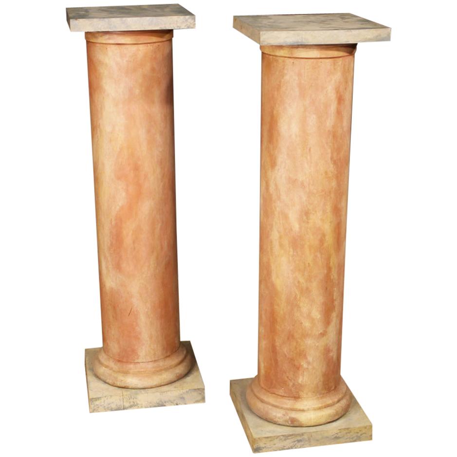 20th Century Lacquered Faux Marble Wood Pair of French Columns, 1960