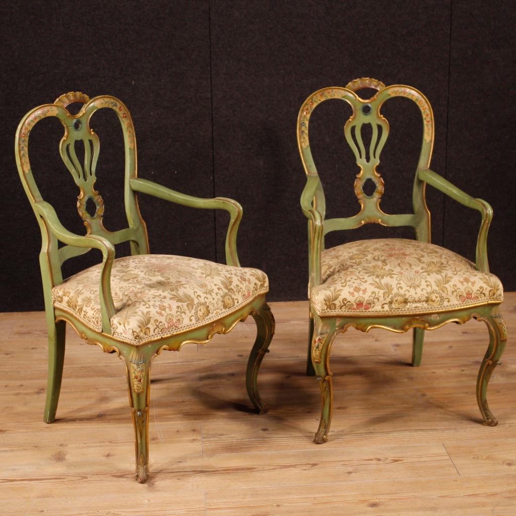Italian 20th Century Lacquered, Gilt, Painted Wood Venetian Pair of Armchairs, 1960