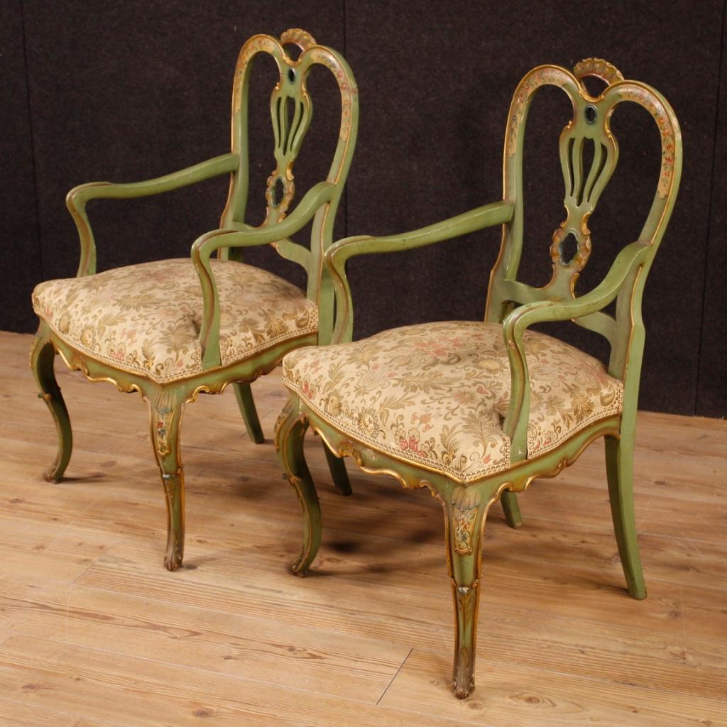 Hand-Painted 20th Century Lacquered, Gilt, Painted Wood Venetian Pair of Armchairs, 1960