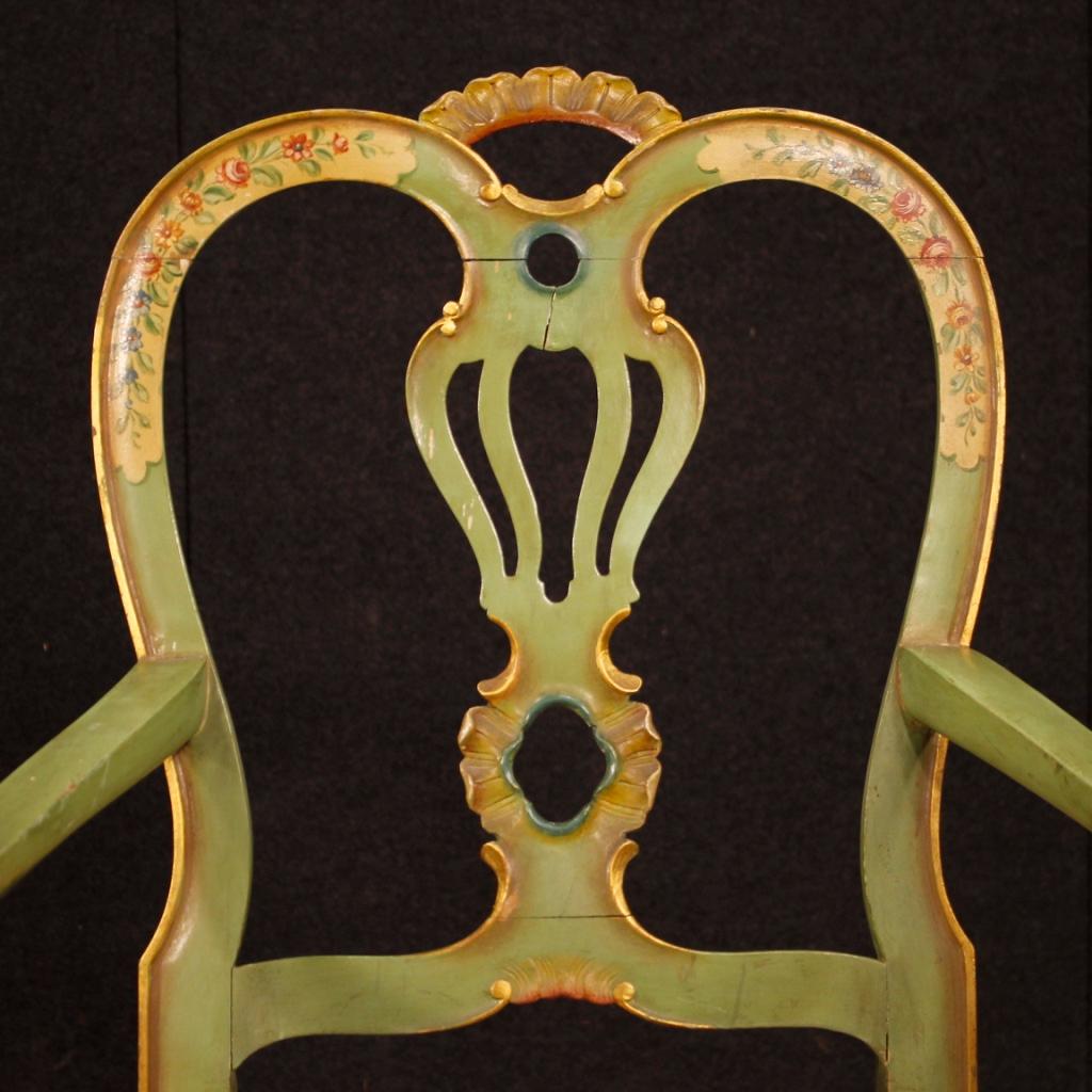 Fabric 20th Century Lacquered, Gilt, Painted Wood Venetian Pair of Armchairs, 1960