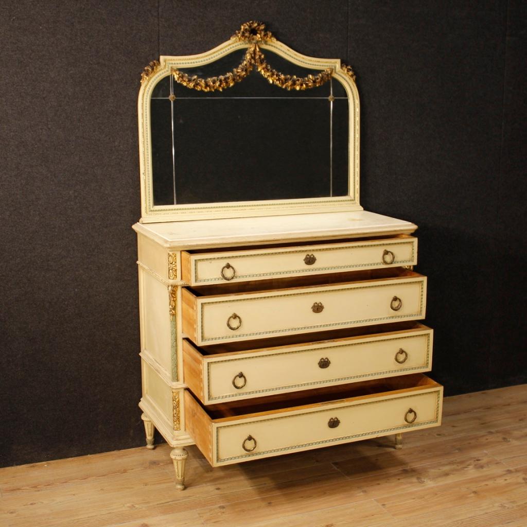 20th Century Lacquered Gilt Wood Italian Louis XVI Dresser with Mirror, 1960 For Sale 2