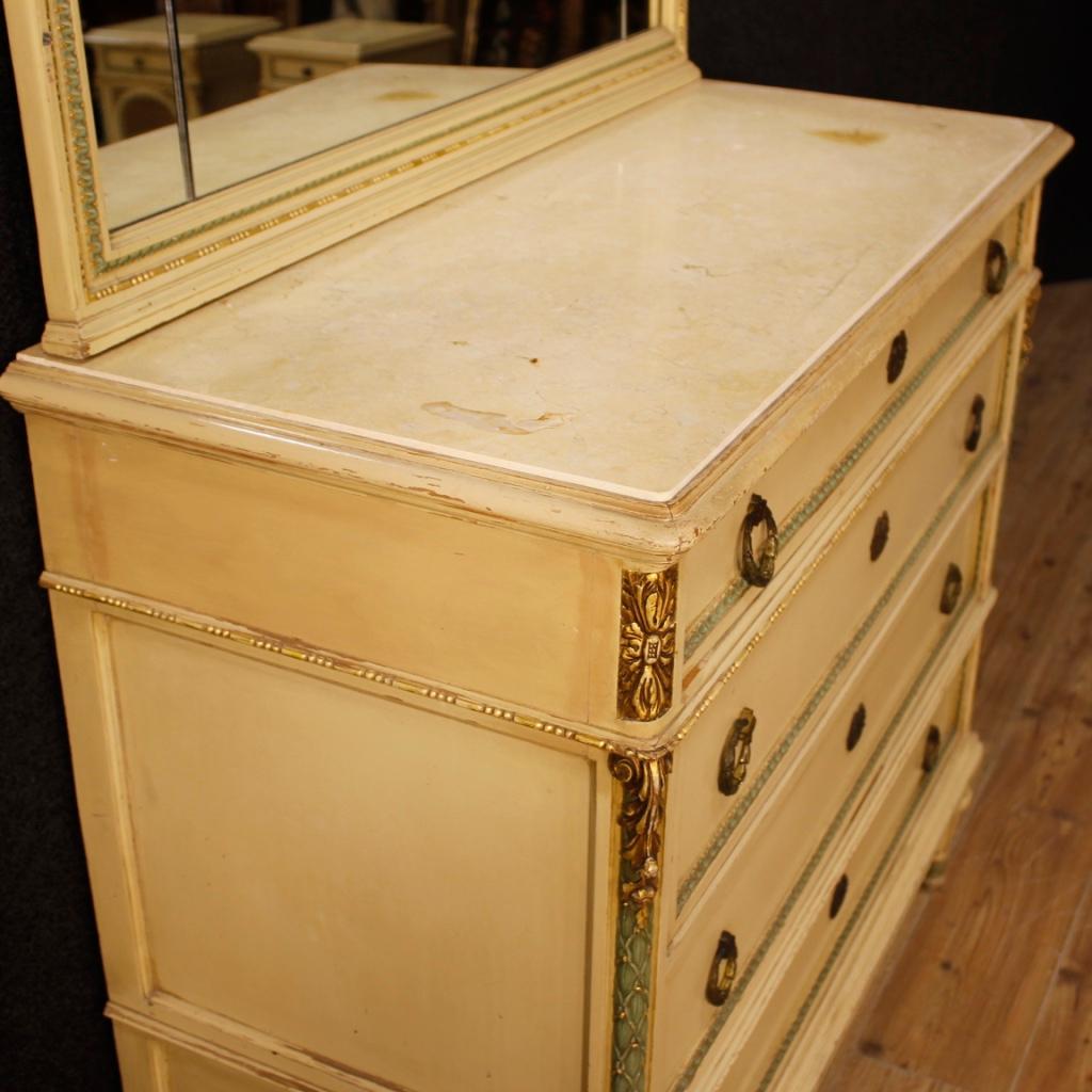 Carved 20th Century Lacquered Gilt Wood Italian Louis XVI Dresser with Mirror, 1960 For Sale
