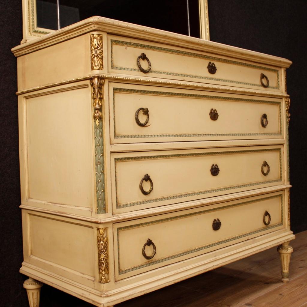 20th Century Lacquered Gilt Wood Italian Louis XVI Dresser with Mirror, 1960 In Good Condition For Sale In Vicoforte, Piedmont