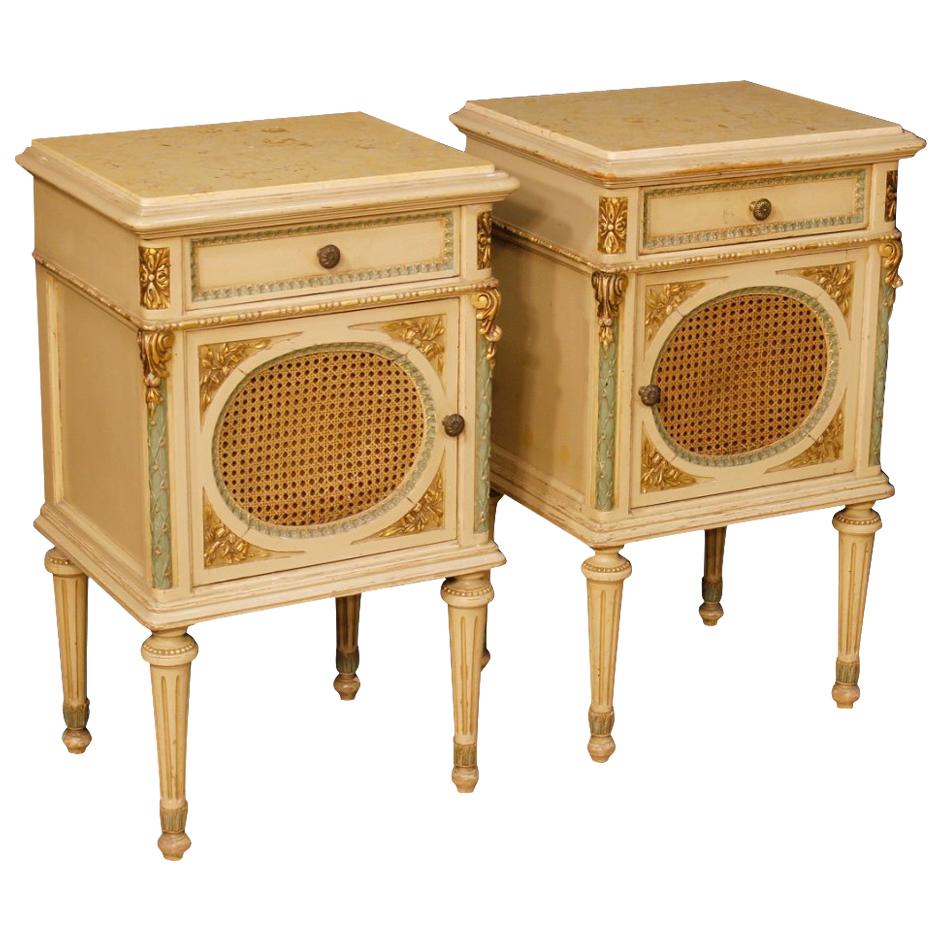20th Century Lacquered, Giltwood Marble Top Italian Louis XVI Bedside Tables