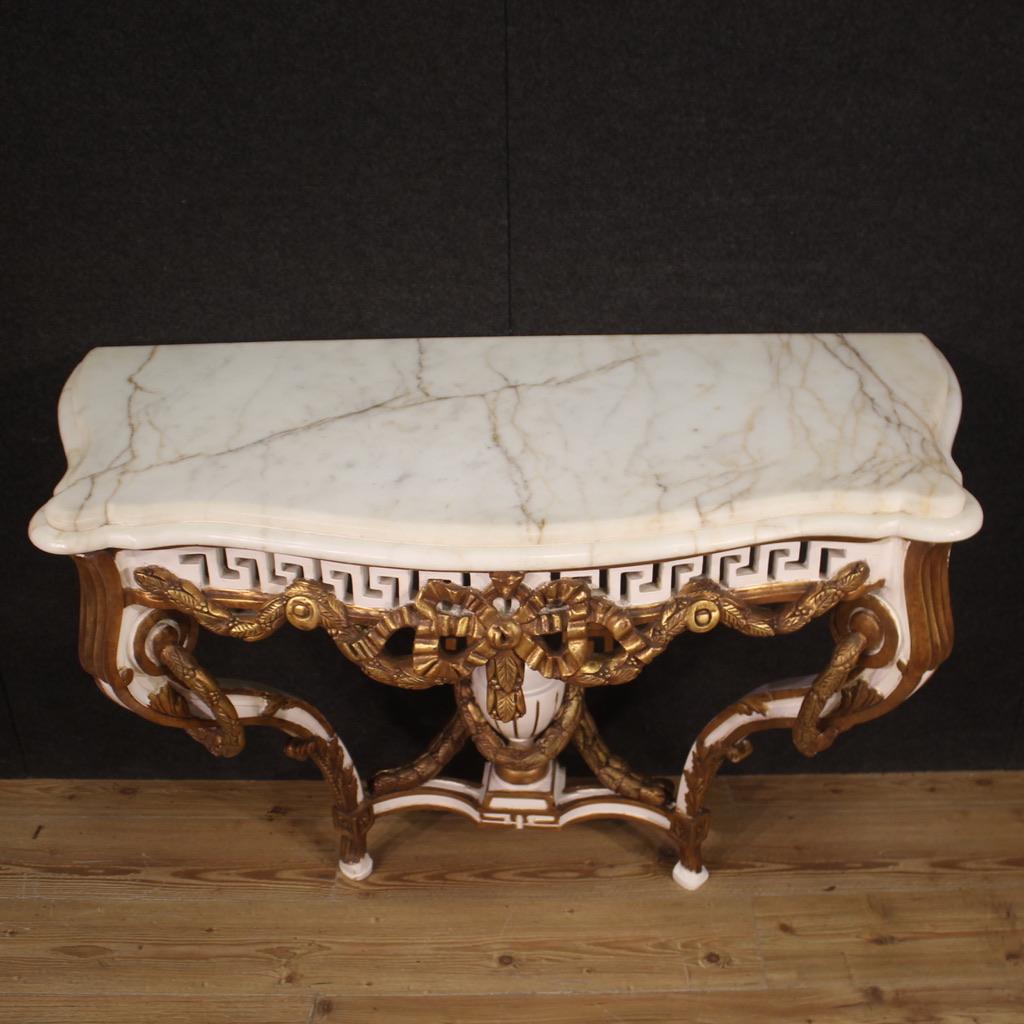 20th Century Lacquered Gold Wood with Marble Top French Louis XV Style Console For Sale 8