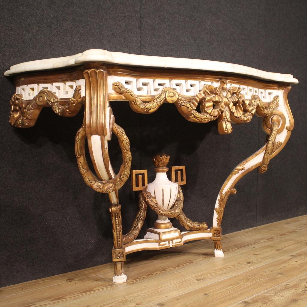 20th Century Lacquered Gold Wood with Marble Top French Louis XV Style Console For Sale 3
