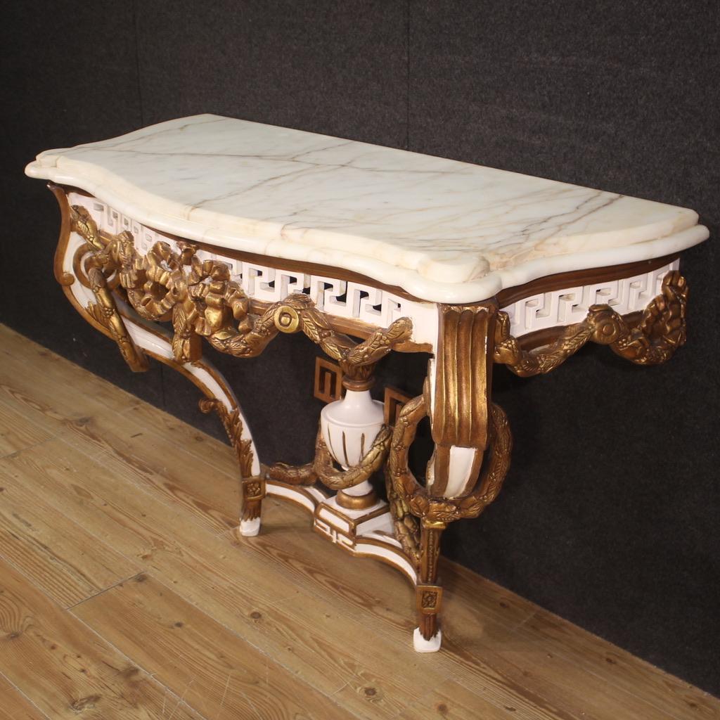 20th Century Lacquered Gold Wood with Marble Top French Louis XV Style Console For Sale 4