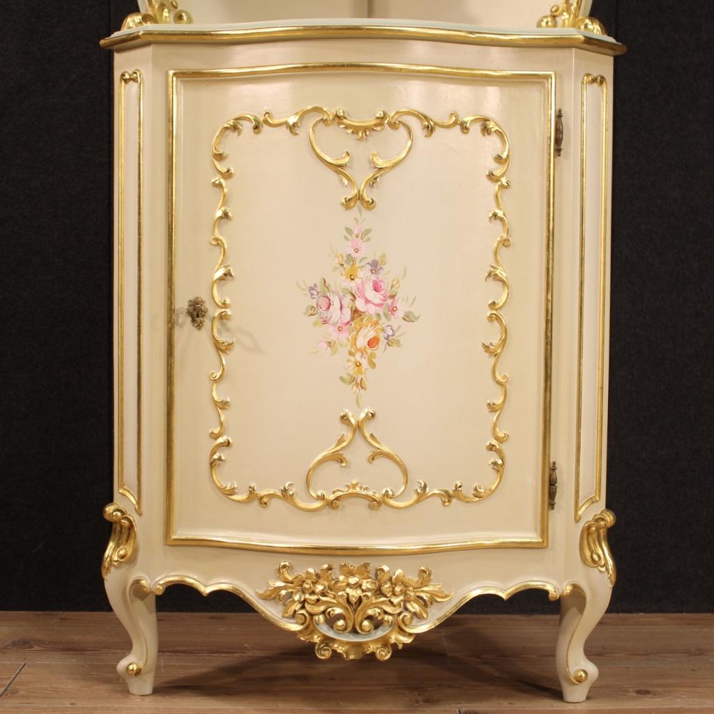 Italian 20th Century Lacquered Painted and Gilt Wood Venetian Corner Cabinet, 1960