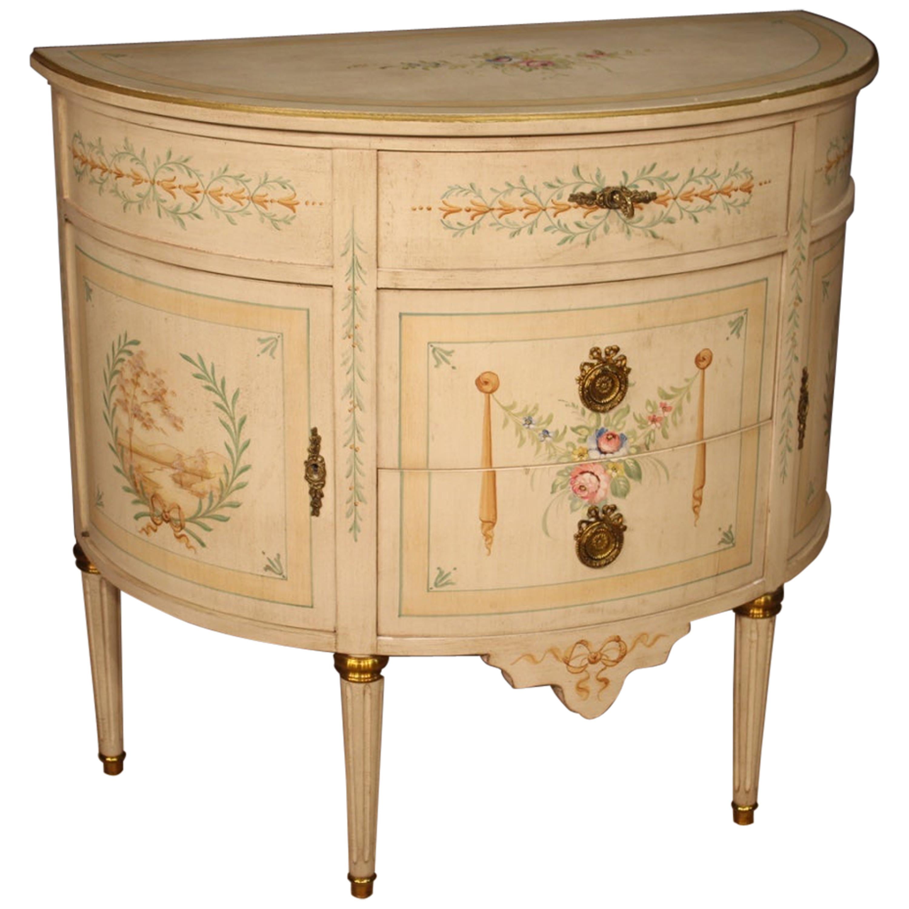 20th Century Lacquered, Painted, Gilt Wood French Louis XVI Demilune Dresser