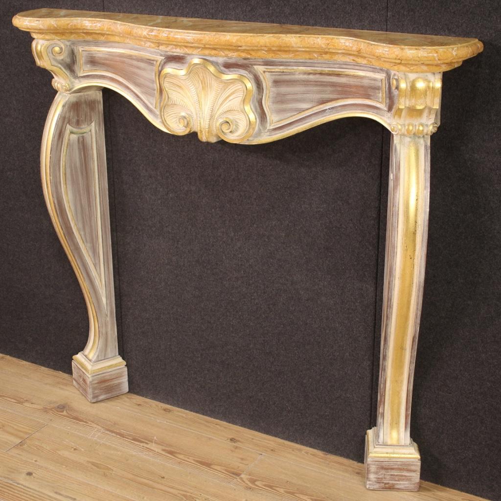 20th Century Lacquered Painted Gold Wood Italian Fireplace, 1980 For Sale 7