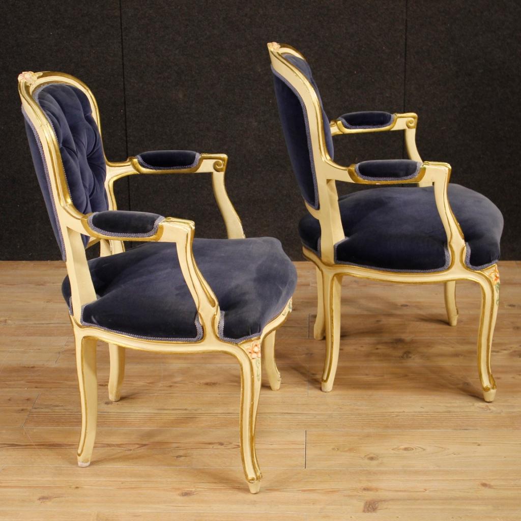 Gilt 20th Century Lacquered, Painted Wood, Blue Velvet Pair Italian Armchairs, 1960