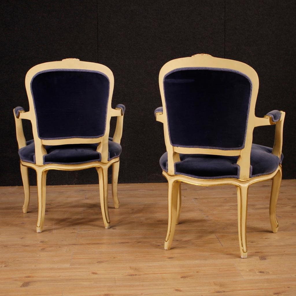 20th Century Lacquered, Painted Wood, Blue Velvet Pair Italian Armchairs, 1960 In Good Condition In Vicoforte, Piedmont