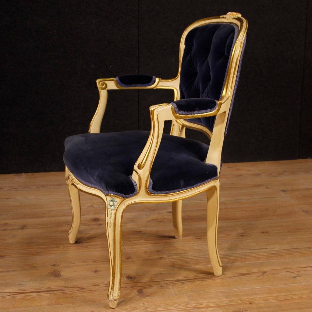 20th Century Lacquered, Painted Wood, Blue Velvet Pair Italian Armchairs, 1960 1