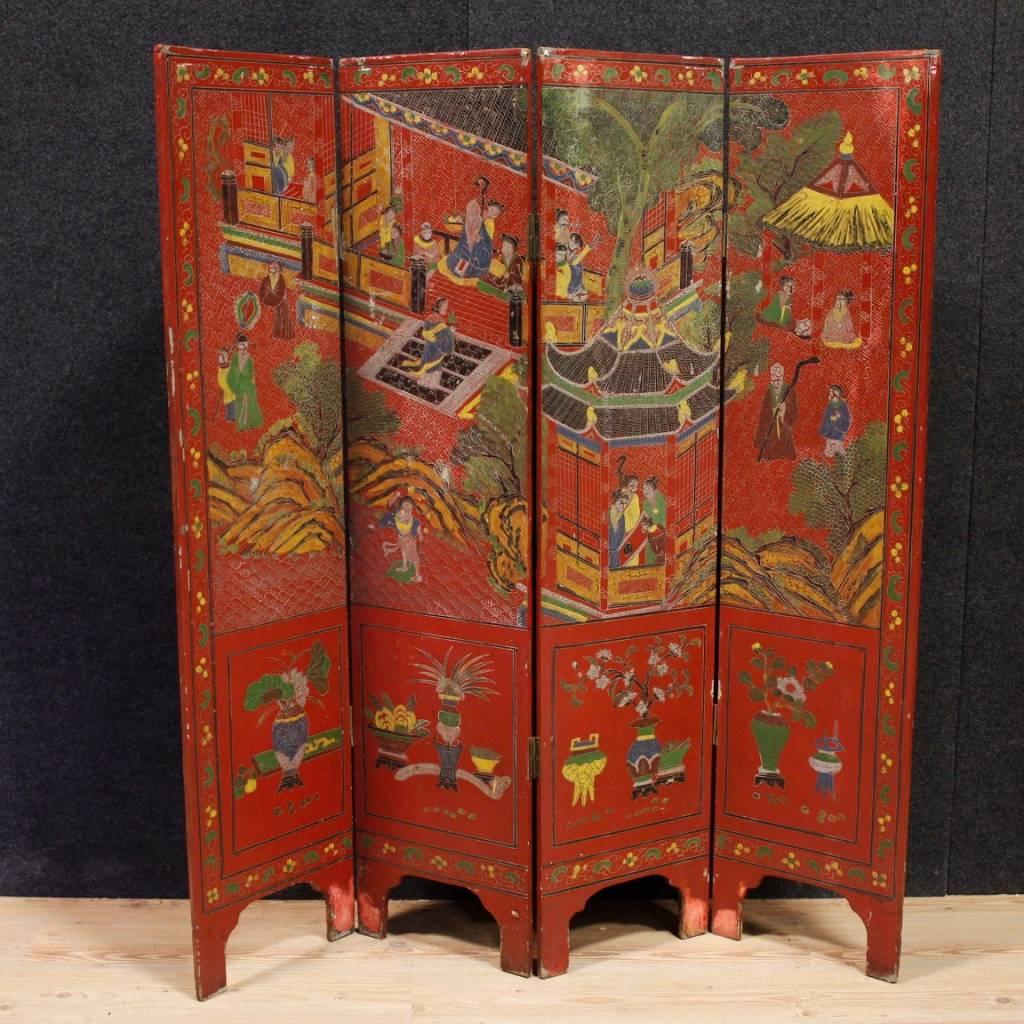 20th Century Lacquered Painted Wood Chinoiserie French Screen, 1960 3