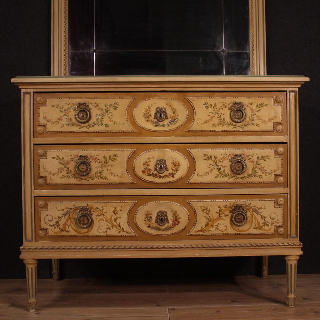 20th Century Lacquered Painted Wood Louis XVI Style Italian Commode with Mirror For Sale 2