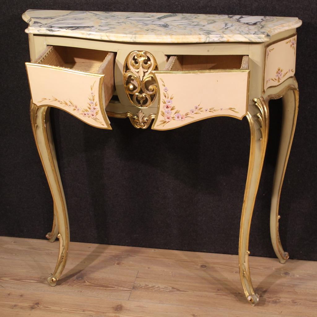 20th Century Lacquered Painted Wood Marble Top Italian Console Table, 1960s In Good Condition For Sale In Vicoforte, Piedmont