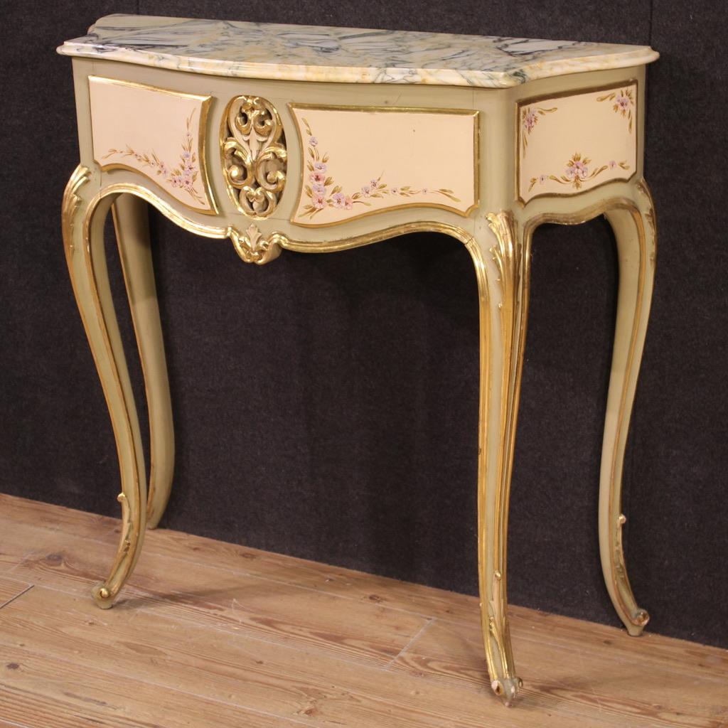 20th Century Lacquered Painted Wood Marble Top Italian Console Table, 1960s For Sale 2