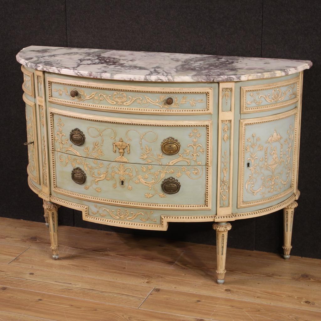 20th Century Lacquered Painted Wood Marble Top Italian Louis XVI Style Commode In Good Condition In Vicoforte, Piedmont