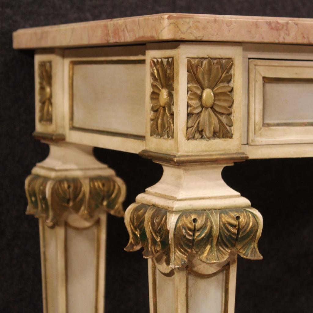 20th Century Lacquered Painted Wood Marble Top Italian Louis XVI Style Console In Good Condition In Vicoforte, Piedmont