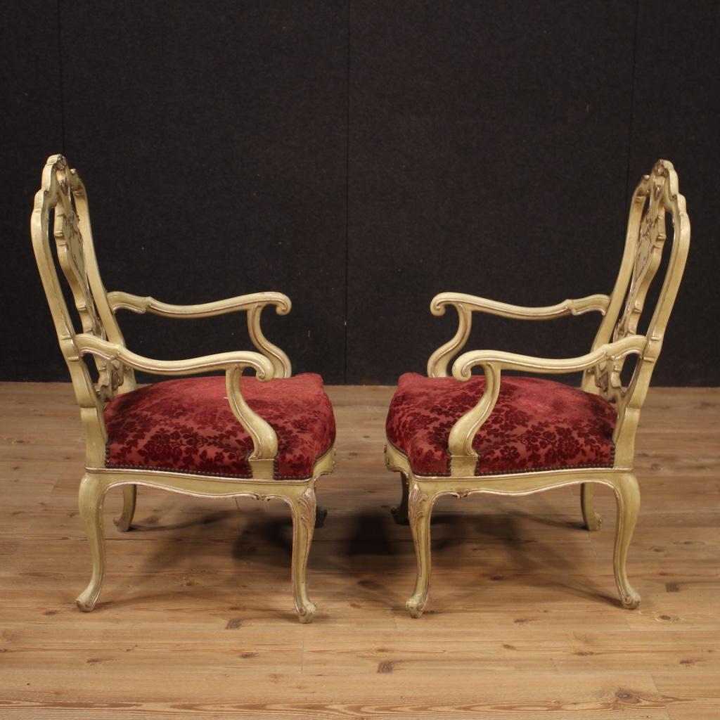 20th Century Lacquered, Silvered Wood and Red Velvet Pair of Venetian Armchairs 5