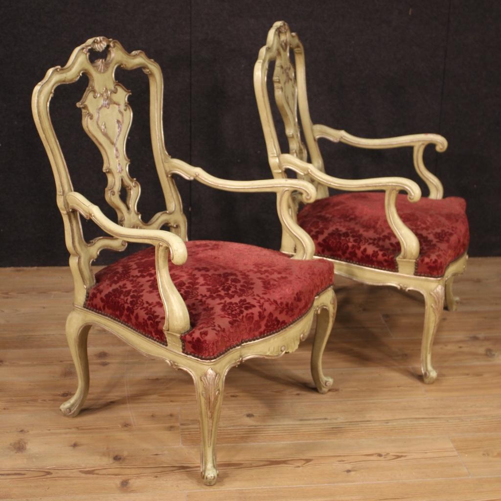 Italian 20th Century Lacquered, Silvered Wood and Red Velvet Pair of Venetian Armchairs