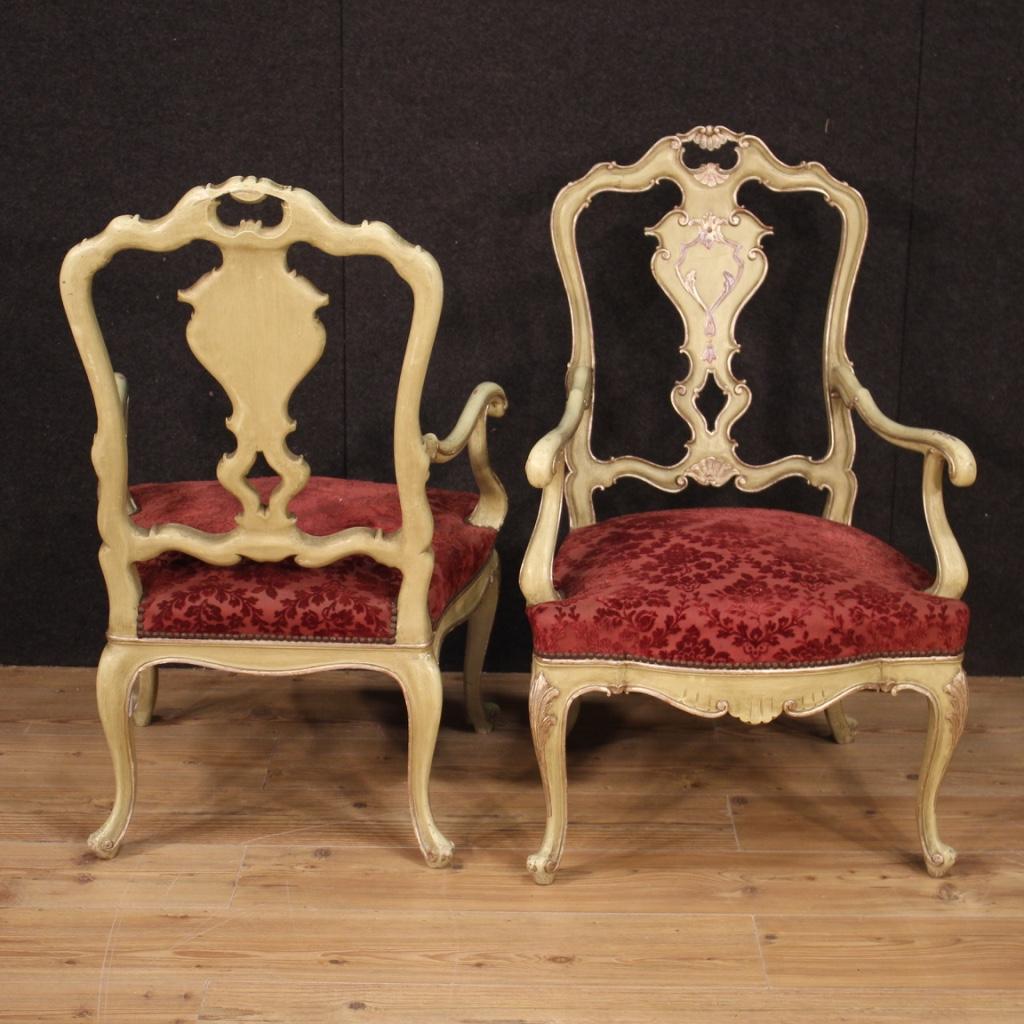 20th Century Lacquered, Silvered Wood and Red Velvet Pair of Venetian Armchairs In Good Condition In Vicoforte, Piedmont