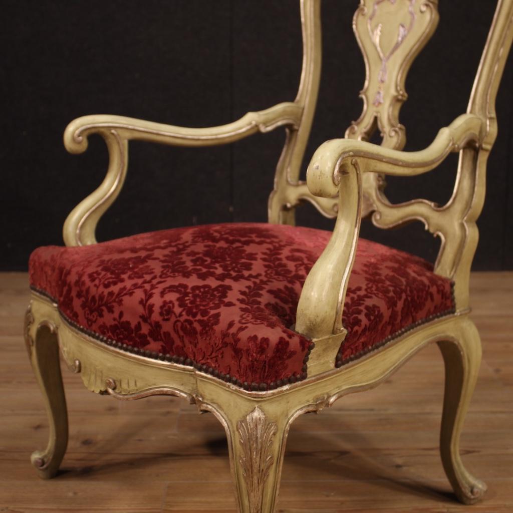 20th Century Lacquered, Silvered Wood and Red Velvet Pair of Venetian Armchairs 2
