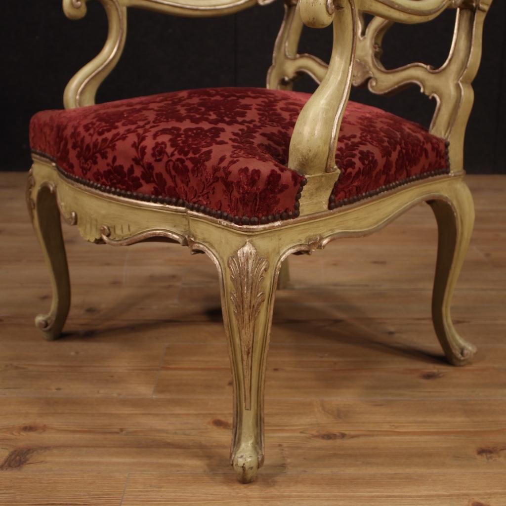 20th Century Lacquered, Silvered Wood and Red Velvet Pair of Venetian Armchairs 3