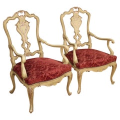 20th Century Lacquered, Silvered Wood and Red Velvet Pair of Venetian Armchairs