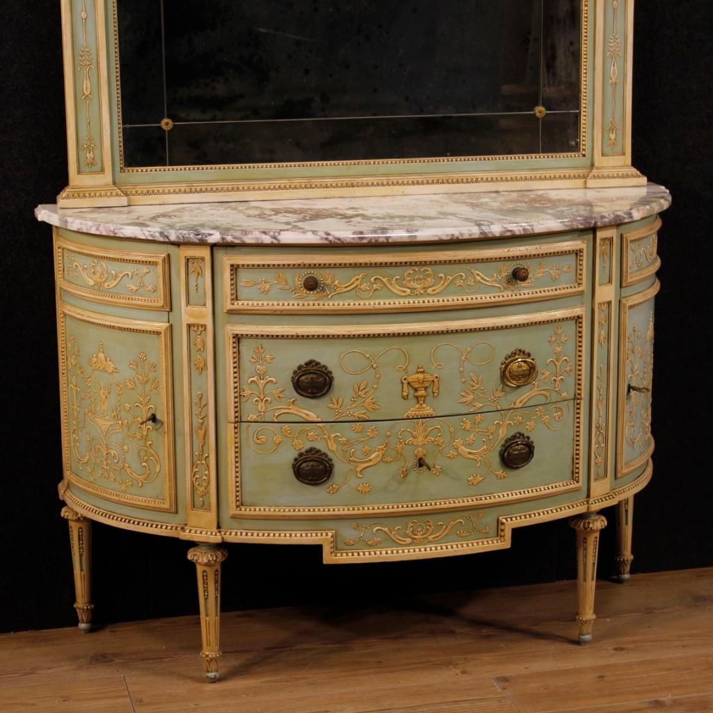 20th Century Lacquered Wood Italian Demilune Louis XVI Style Dresser with Mirror In Good Condition In Vicoforte, Piedmont