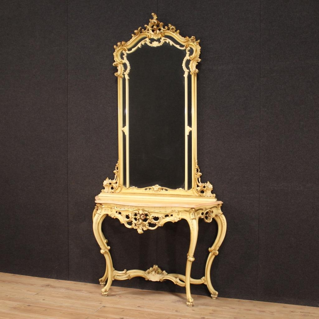 20. Jahrhundert Lackiertes Holz Marmor Italienische Louis XV Stil Konsole mit Spiegel im Angebot 6