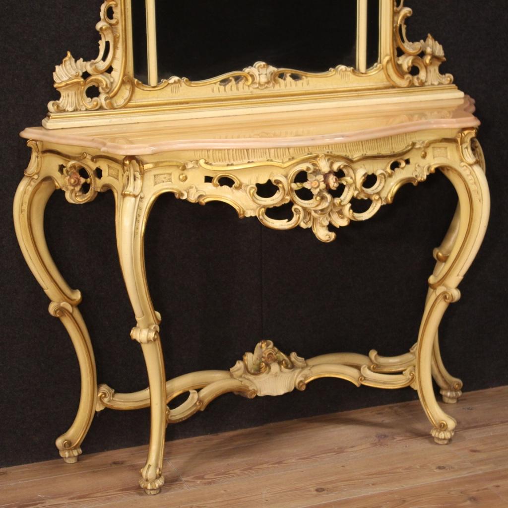 20th Century Lacquered Wood Marble Italian Louis XV Style Console with Mirror In Good Condition For Sale In Vicoforte, Piedmont