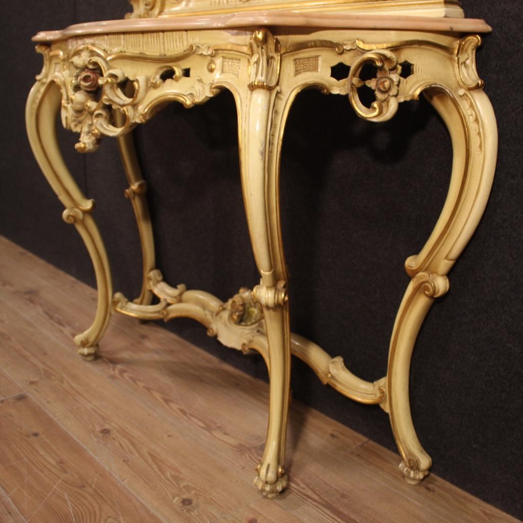 20th Century Lacquered Wood Marble Italian Louis XV Style Console with Mirror For Sale 4