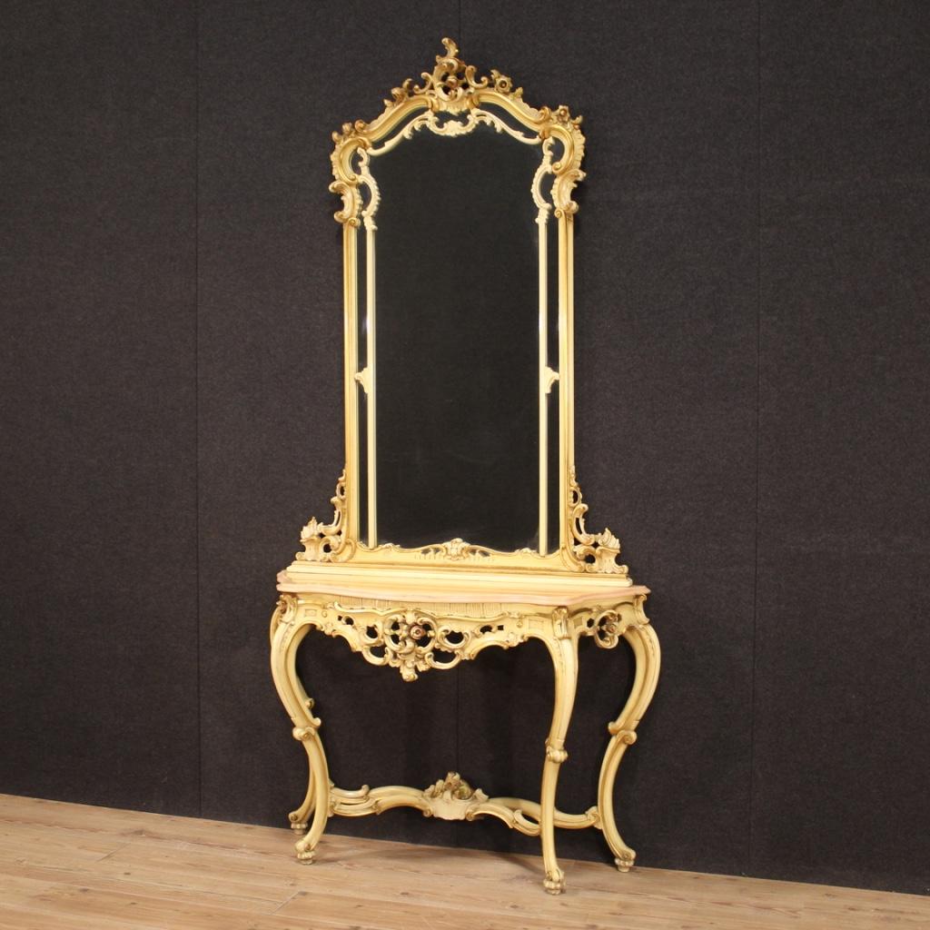 20th Century Lacquered Wood Marble Louis XV Style Italian Console with Mirror For Sale 6