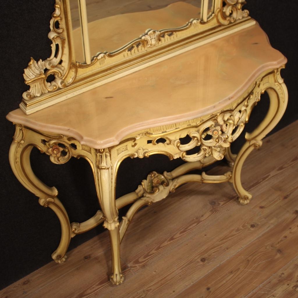 20th Century Lacquered Wood Marble Louis XV Style Italian Console with Mirror For Sale 5