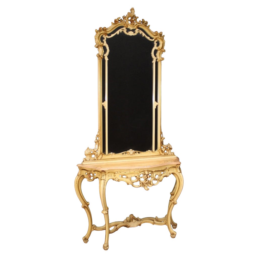 20th Century Lacquered Wood Marble Louis XV Style Italian Console with Mirror For Sale