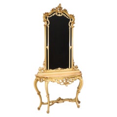20th Century Lacquered Wood Marble Louis XV Style Italian Console with Mirror