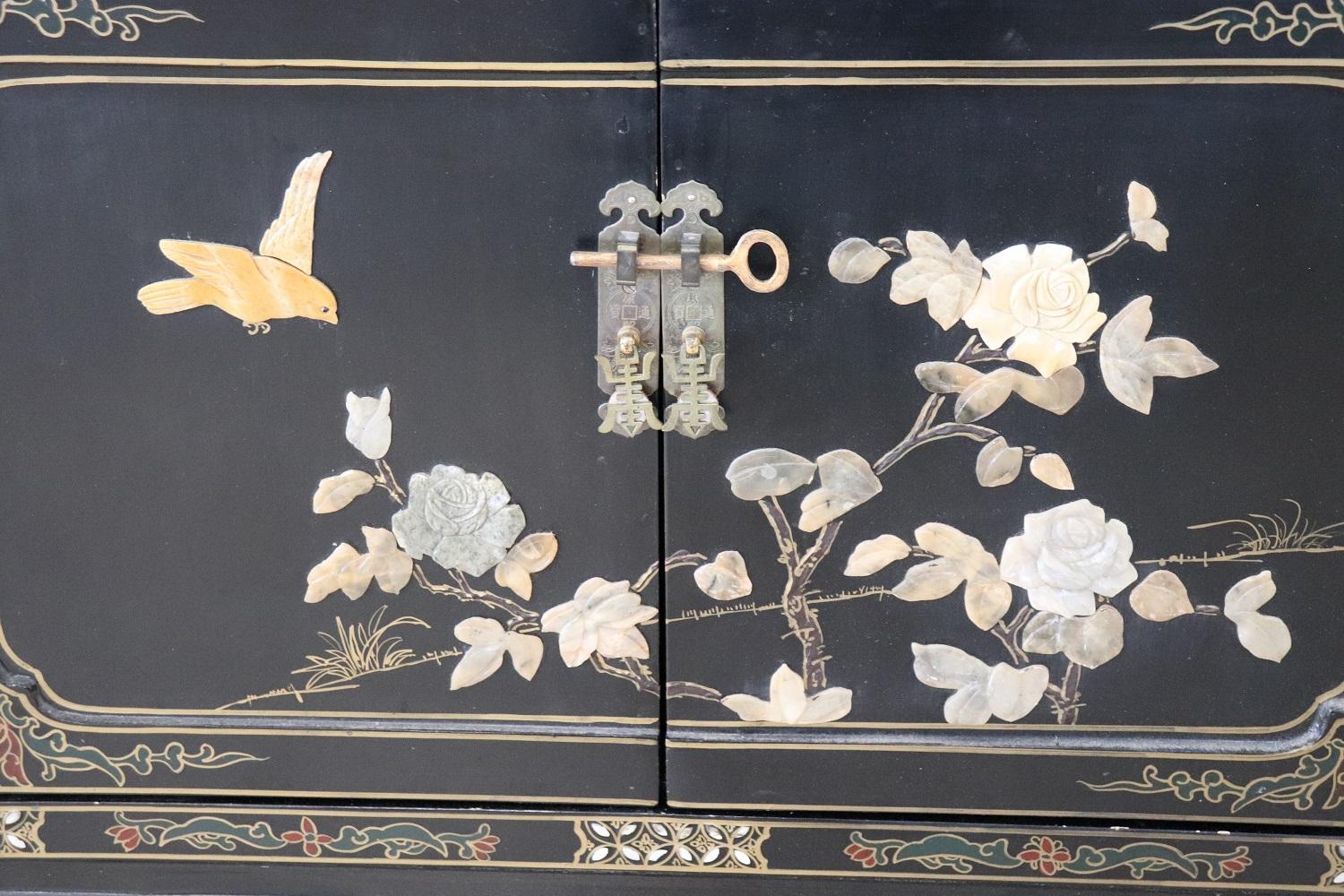 French 20th Century Lacquered Wood Small Cabinet with Chinoiserie Soapstone Decorations