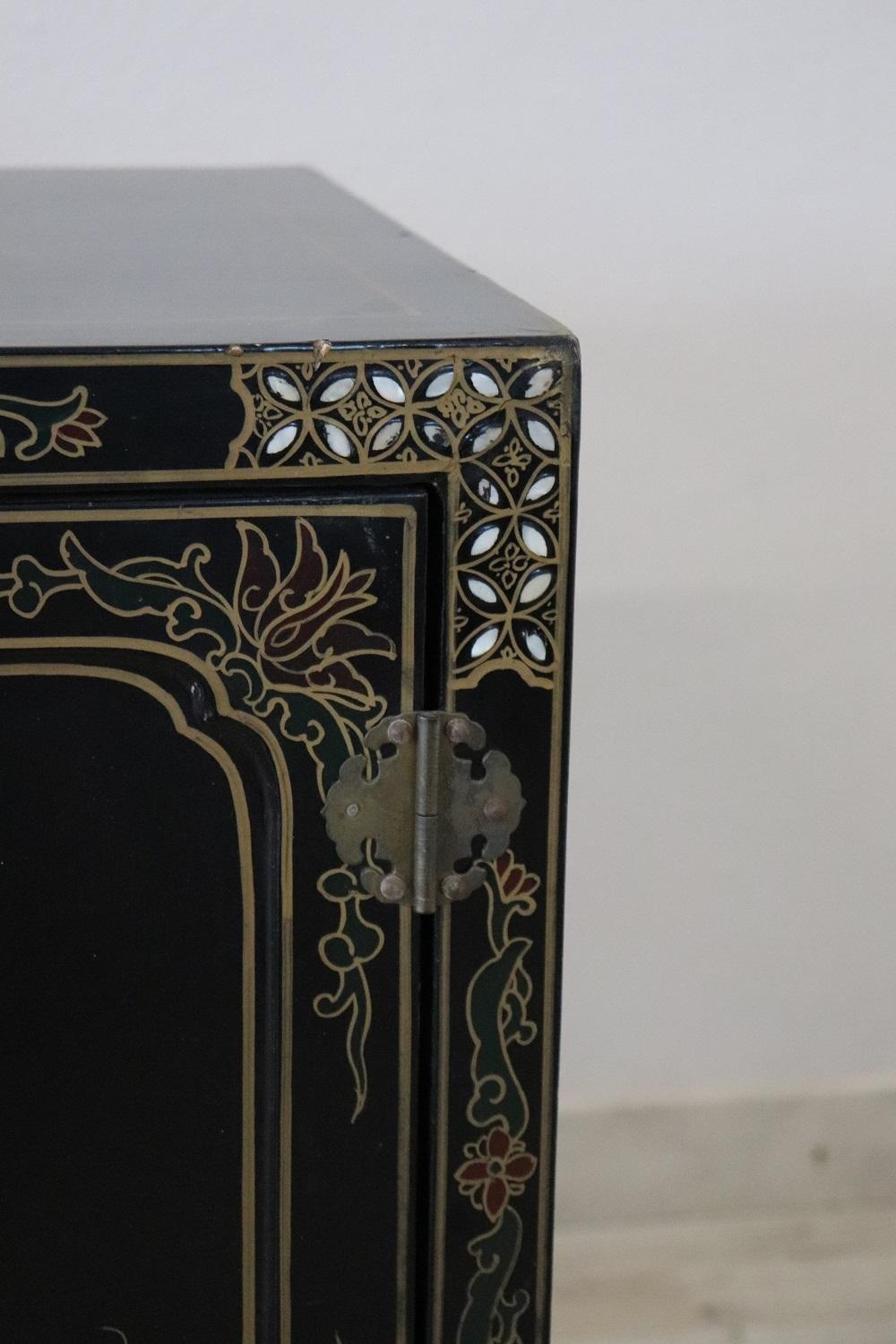 Hand-Carved 20th Century Lacquered Wood Small Cabinet with Chinoiserie Soapstone Decorations
