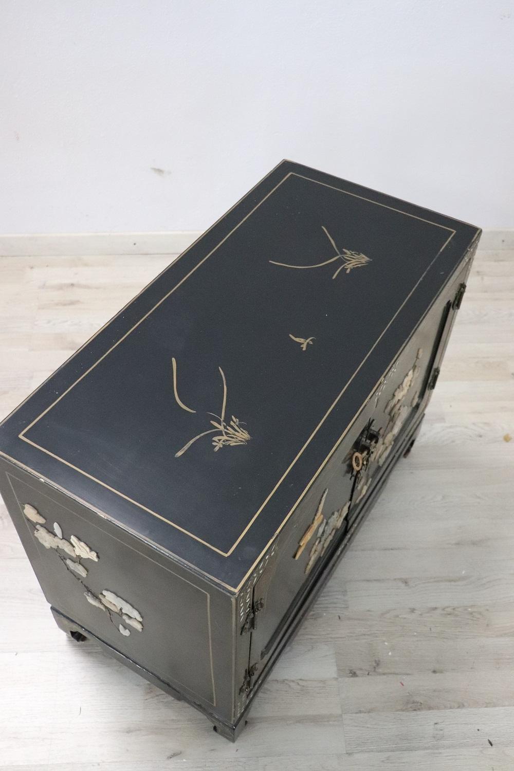 Mid-20th Century 20th Century Lacquered Wood Small Cabinet with Chinoiserie Soapstone Decorations