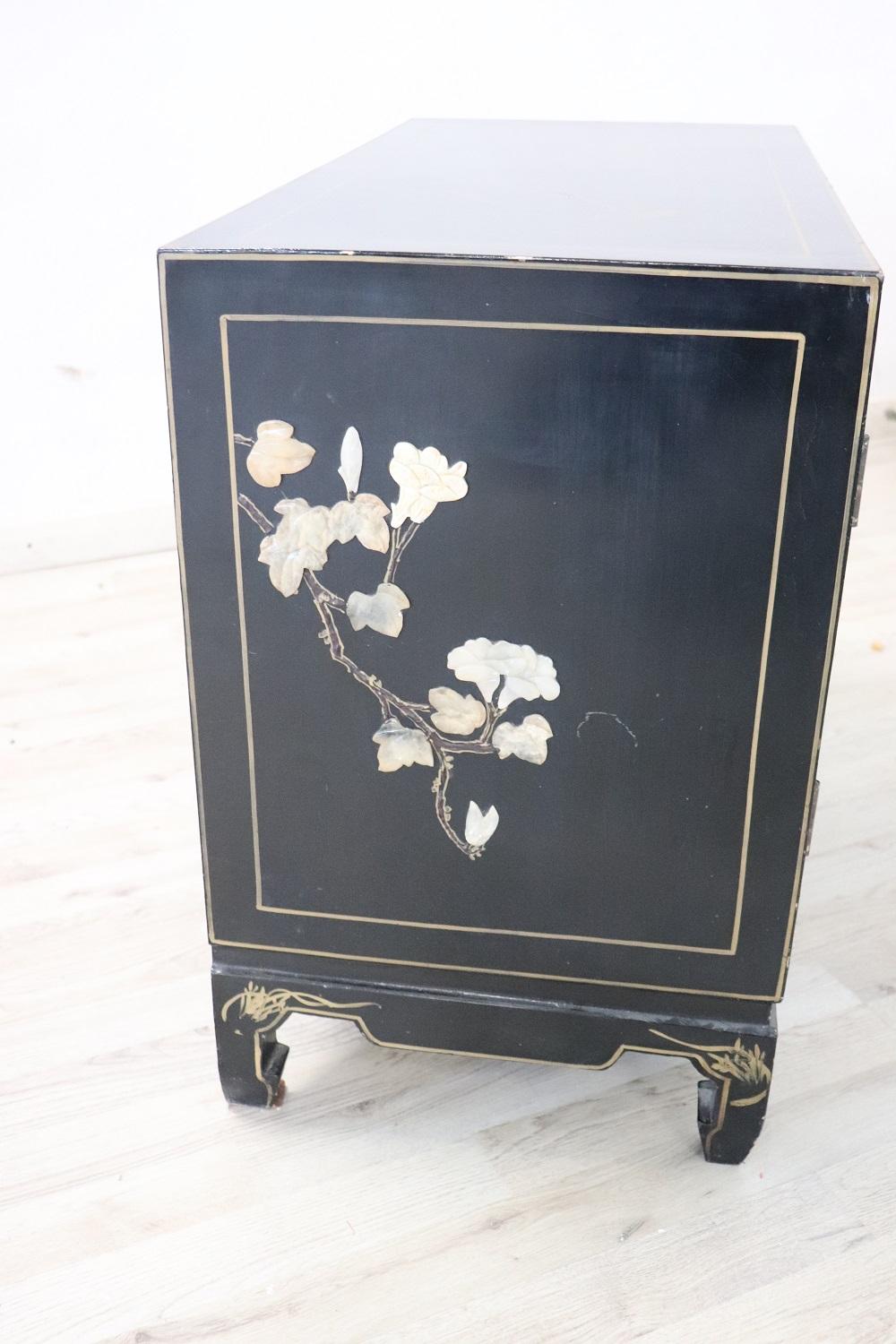 20th Century Lacquered Wood Small Cabinet with Chinoiserie Soapstone Decorations 1
