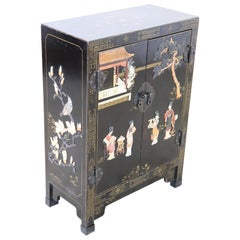 20th Century Lacquered Wood Small Cabinet with Chinoiserie Soapstone Decorations