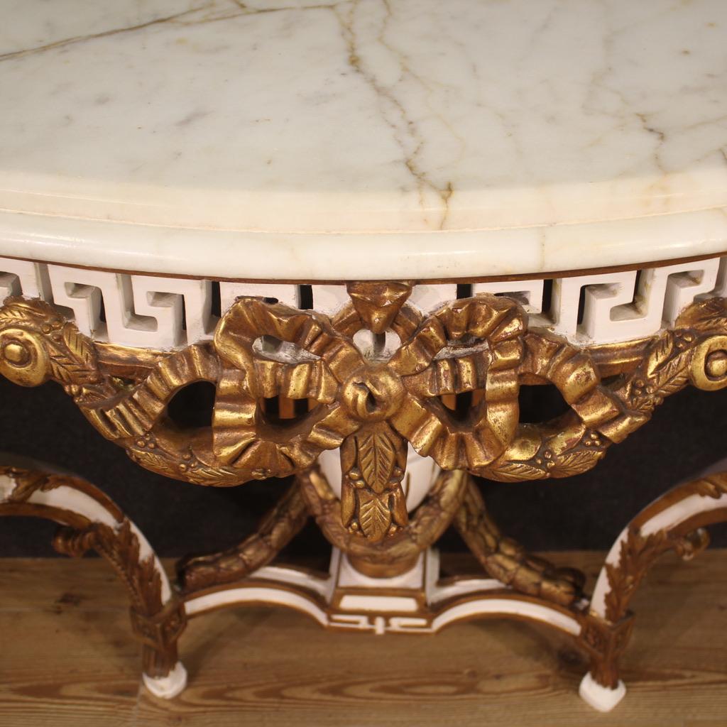 Marmo 20th Century Lacquered Wood With Marble Top French Louis XV Style Console, 1980 in vendita
