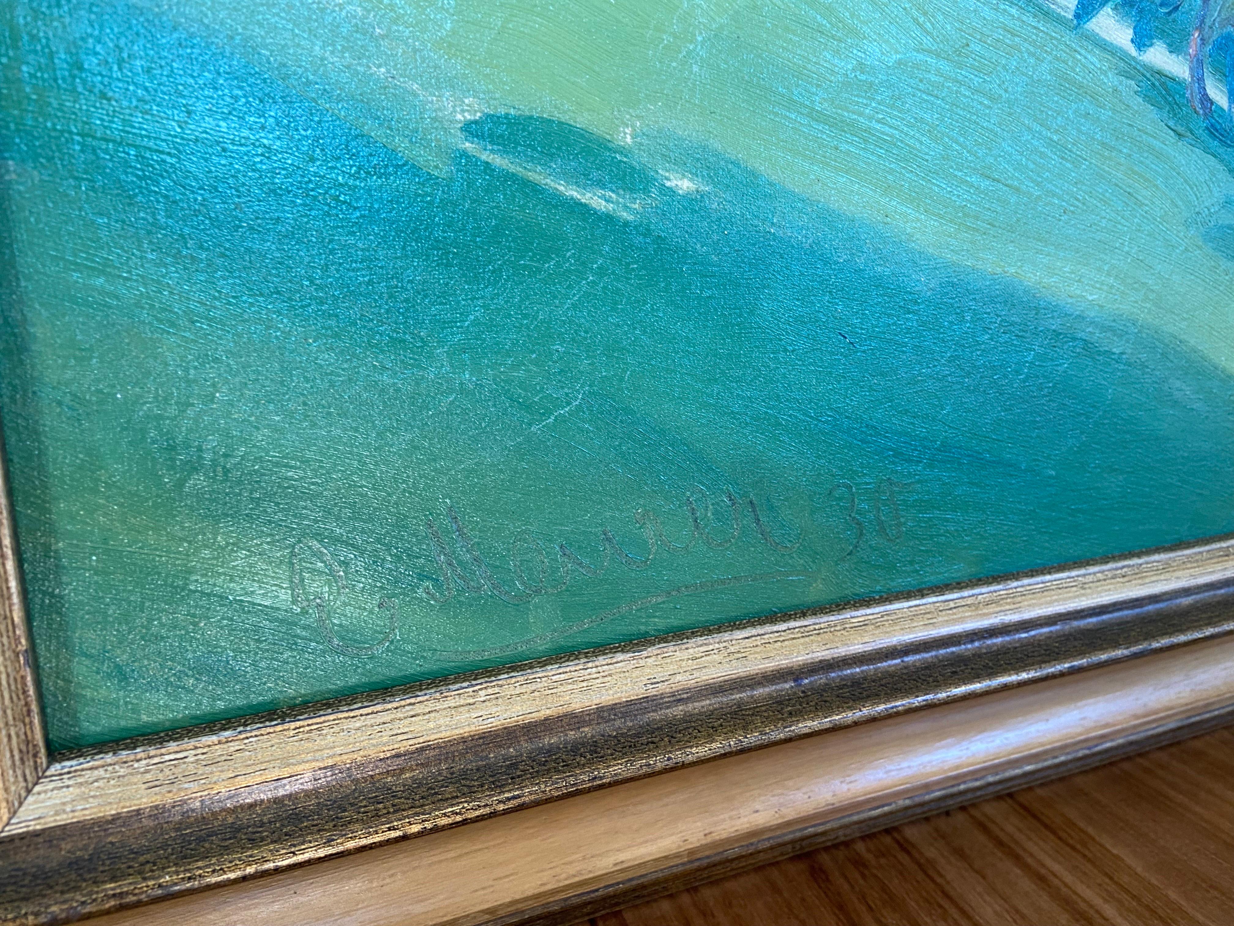 Large landscape oill on canvas in vivid green colours signed by the german artist Ernst Meurer. The painting is still in its original frame and the size is 93/66 cm. Very good condition even if it is almost 100 years old. Very bright and peaceful