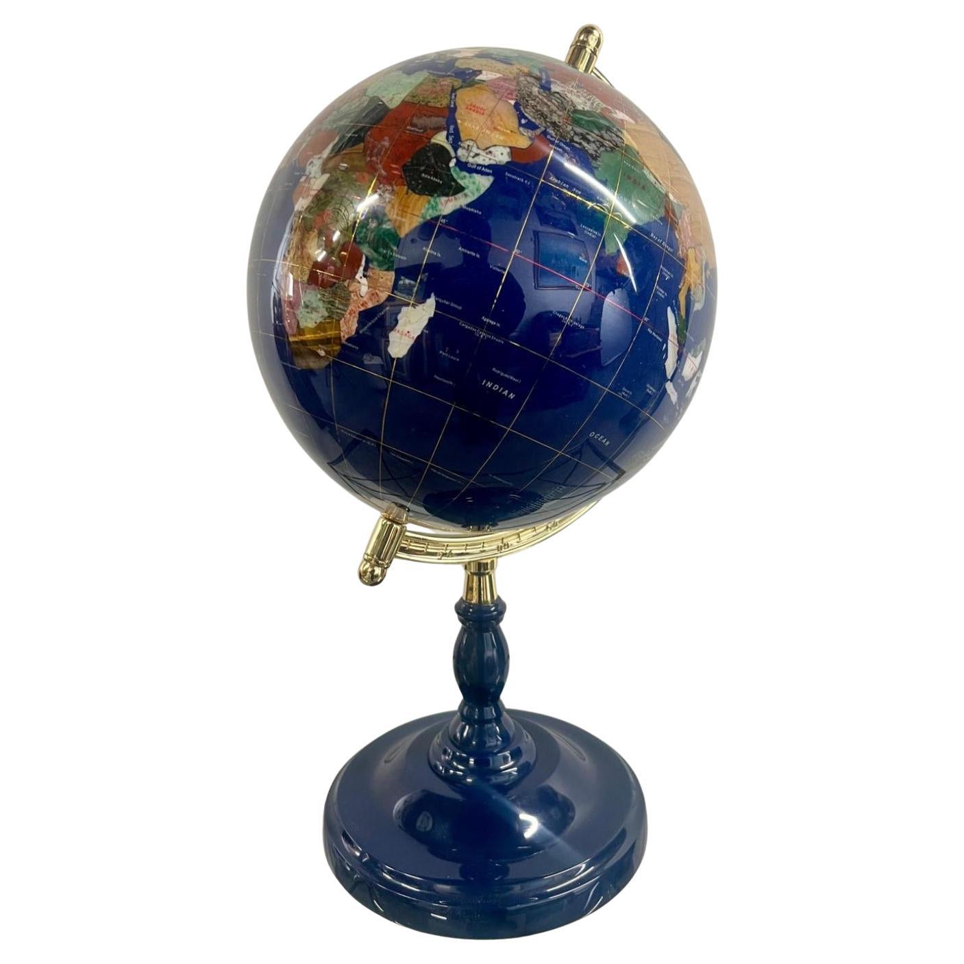 20th Century Lapis Blue Gemstone World Globe with Gilt Meridian Stand